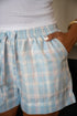 Women Summer Pajama set Off White Top + White X Light Blue Plaid Shorts